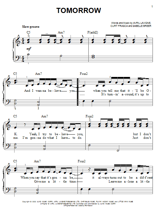 Avril Lavigne Tomorrow sheet music notes and chords. Download Printable PDF.