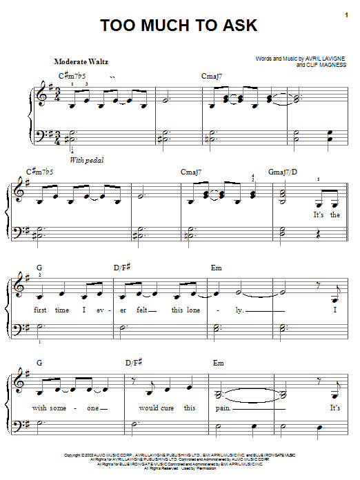 Avril Lavigne Too Much To Ask sheet music notes and chords. Download Printable PDF.