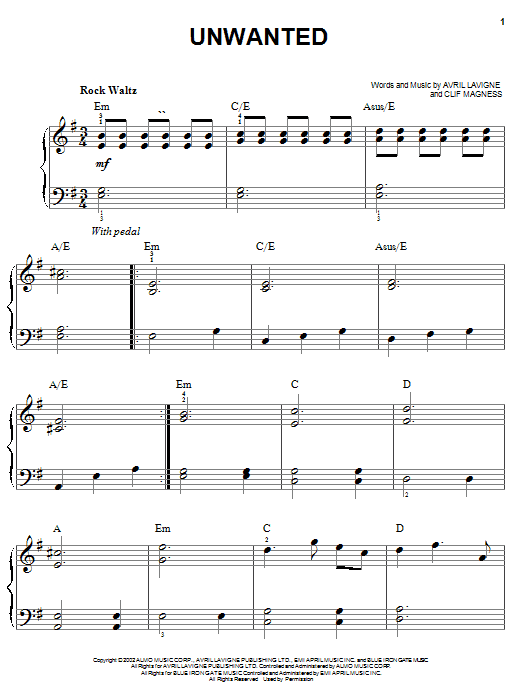 Avril Lavigne Unwanted sheet music notes and chords. Download Printable PDF.