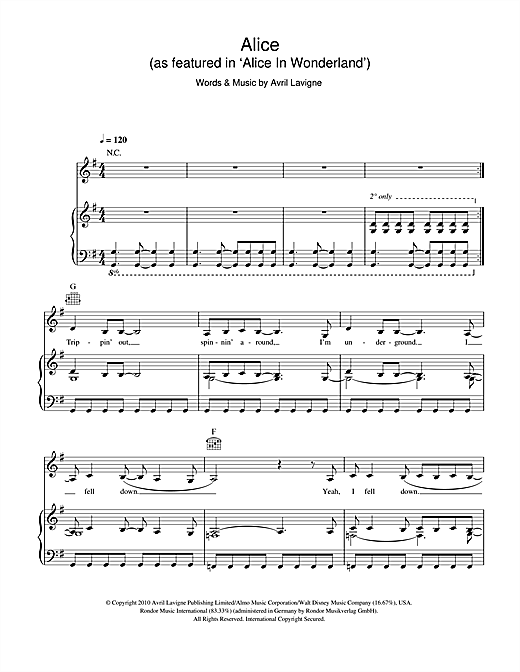Learn to play Avril Lavigne Alice (as featured in 'Alice In Wonderland') sheet music for Piano, Vocal & Guitar (Right-Hand Melody) in minutes. Avril Lavigne Alice (as featured in 'Alice In Wonderland') sheet music notes and chords
