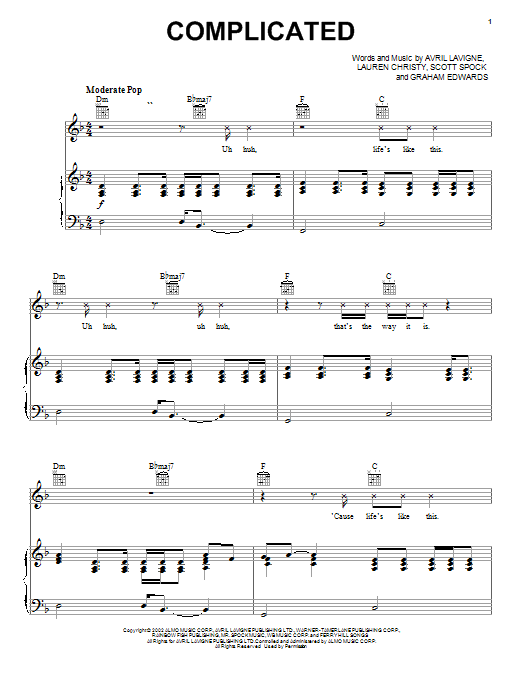 Avril Lavigne Complicated sheet music notes and chords. Download Printable PDF.