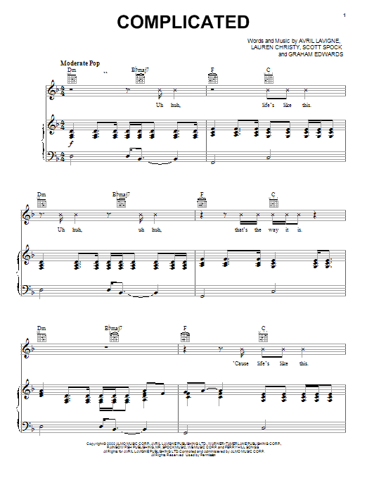 Learn to play Avril Lavigne Complicated sheet music for Bass Guitar Tab in minutes. Avril Lavigne Complicated sheet music notes and chords. Download Printable PDF.