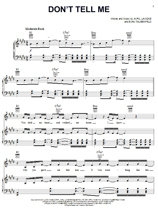 Avril Lavigne Don't Tell Me sheet music notes and chords. Download Printable PDF.