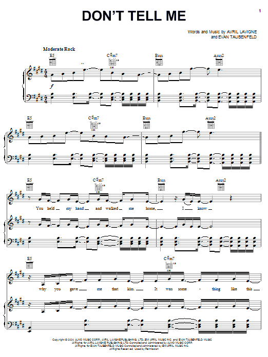 Learn to play Avril Lavigne Don't Tell Me sheet music for Piano, Vocal & Guitar in minutes. Avril Lavigne Don't Tell Me sheet music notes and chords. Download Printable PDF.