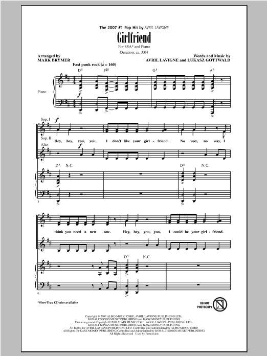 Learn to play Avril Lavigne Girlfriend (arr. Mark Brymer) sheet music for SSA Choir in minutes. Avril Lavigne Girlfriend (arr. Mark Brymer) sheet music notes and chords. Download Printable PDF.