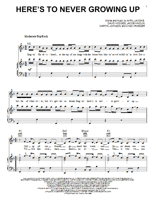 Learn to play Avril Lavigne Here's To Never Growing Up sheet music for Piano, Vocal & Guitar (Right-Hand Melody) in minutes. Avril Lavigne Here's To Never Growing Up sheet music notes and chords. Download Printable PDF.