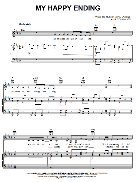Avril Lavigne My Happy Ending sheet music notes and chords. Download Printable PDF.