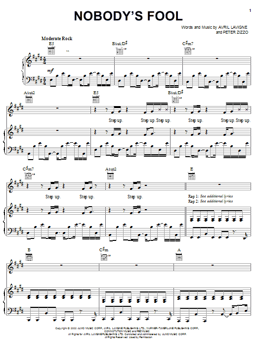 Avril Lavigne Nobody's Fool sheet music notes and chords. Download Printable PDF.