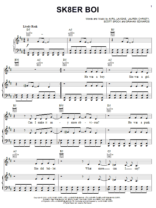 Learn to play Avril Lavigne Sk8er Boi sheet music for Guitar Chords/Lyrics in minutes. Avril Lavigne Sk8er Boi sheet music notes and chords. Download Printable PDF.