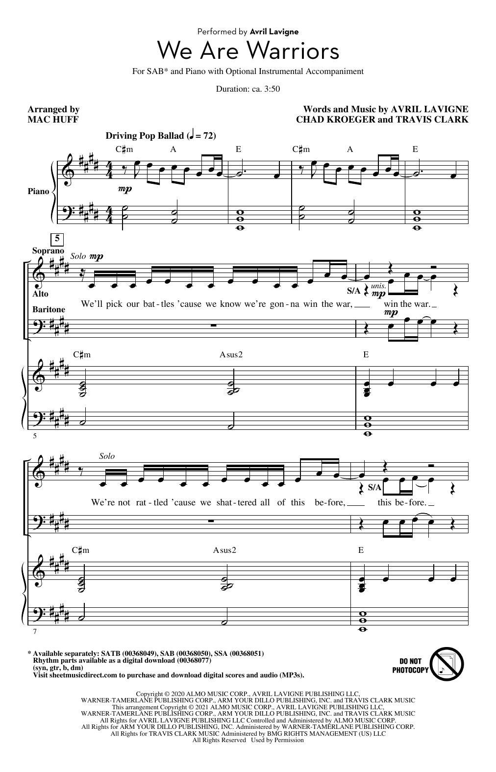 Learn to play Avril Lavigne We Are Warriors (Warrior) (arr. Mac Huff) sheet music for SSA Choir in minutes. Price: 3.9900$ Avril Lavigne We Are Warriors (Warrior) (arr. Mac Huff) sheet music notes and chords arranged for SSA Choir