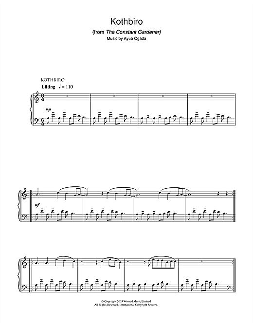 Learn to play Ayub Ogada Kothbiro (from The Constant Gardener) sheet music for Piano Solo in minutes. Ayub Ogada Kothbiro (from The Constant Gardener) sheet music notes and chords. Download Printable PDF.