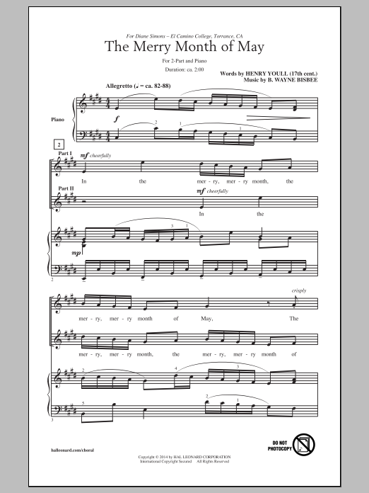 Learn to play B. Wayne Bisbee The Merry Month Of May sheet music for 2-Part Choir in minutes. Price: 3.9900$ B. Wayne Bisbee The Merry Month Of May sheet music notes and chords arranged for 2-Part Choir