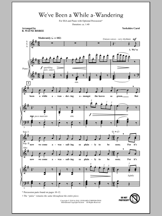Learn to play B. Wayne Bisbee We've Been A While A-Wandering sheet music for SSA Choir in minutes. Price: 3.9900$ B. Wayne Bisbee We've Been A While A-Wandering sheet music notes and chords arranged for SSA Choir