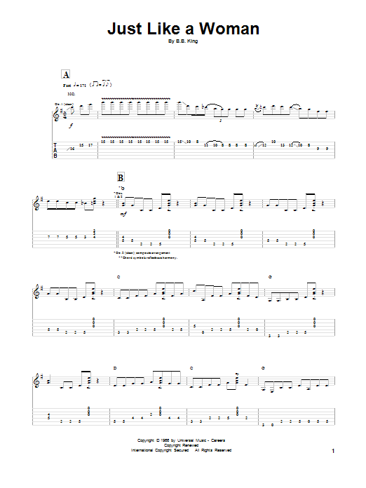 Learn to play B.B. King Just Like A Woman sheet music for Guitar Tab in minutes. Price: 6.9900$ B.B. King Just Like A Woman sheet music notes and chords arranged for Guitar Tab