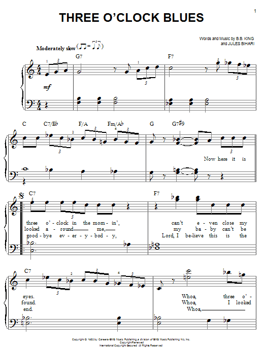 Learn to play B.B. King Three O'Clock Blues sheet music for Lead Sheet / Fake Book in minutes. B.B. King Three O'Clock Blues sheet music notes and chords. Download Printable PDF.