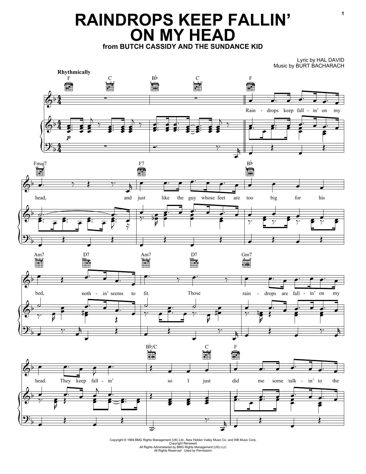 B.J. Thomas Raindrops Keep Fallin' On My Head sheet music notes and chords. Download Printable PDF.