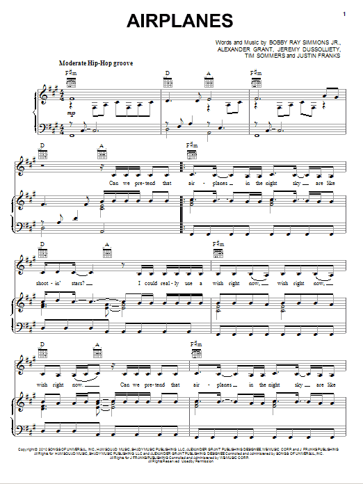 B.o.B Airplanes (feat. Hayley Williams) sheet music notes and chords. Download Printable PDF.