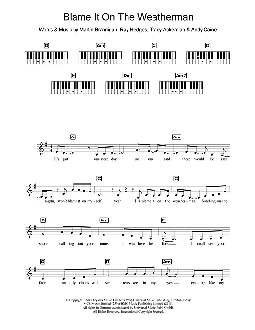 Learn to play B*Witched Blame It On The Weatherman sheet music for Keyboard (Abridged) in minutes. B*Witched Blame It On The Weatherman sheet music notes and chords. Download Printable PDF.