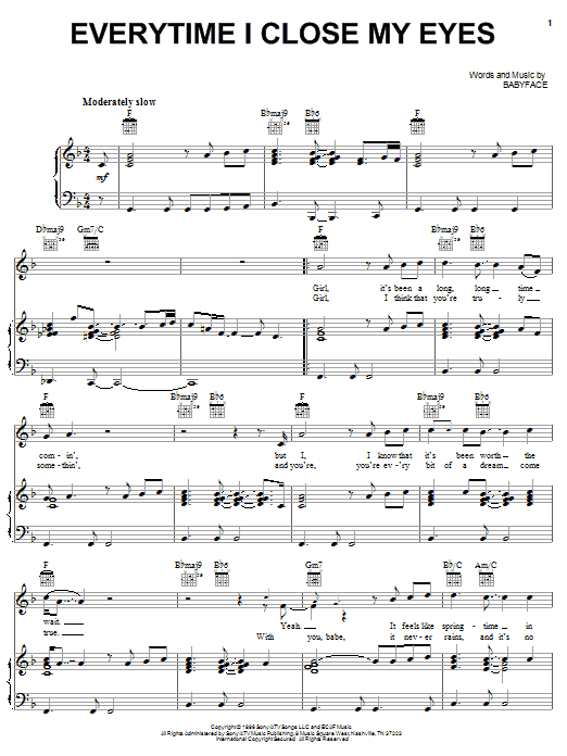 Learn to play Babyface Everytime I Close My Eyes sheet music for Piano, Vocal & Guitar (Right-Hand Melody) in minutes. Babyface Everytime I Close My Eyes sheet music notes and chords. Download Printable PDF.