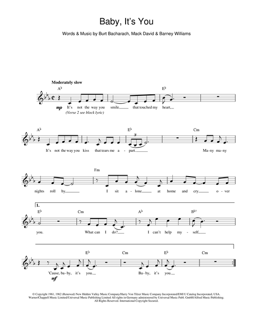 Learn to play Bacharach & David Baby It's You sheet music for Piano, Vocal & Guitar (Right-Hand Melody) in minutes. Bacharach & David Baby It's You sheet music notes and chords. Download Printable PDF.