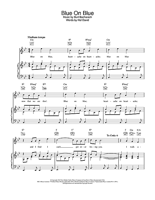 Learn to play Bacharach & David Blue On Blue sheet music for Piano, Vocal & Guitar (Right-Hand Melody) in minutes. Bacharach & David Blue On Blue sheet music notes and chords
