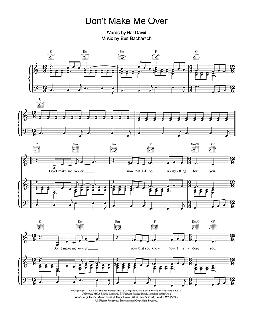 Learn to play Bacharach & David Don't Make Me Over sheet music for Piano & Vocal in minutes. Bacharach & David Don't Make Me Over sheet music notes and chords