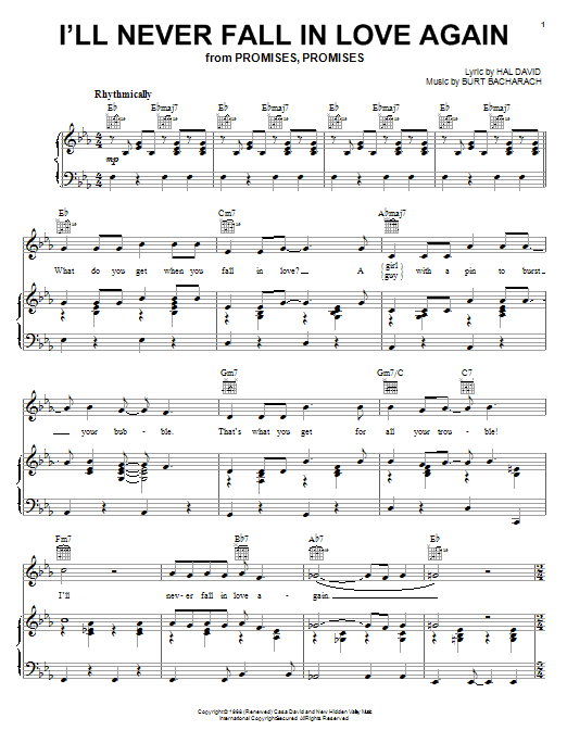 Bacharach & David I'll Never Fall In Love Again sheet music notes and chords. Download Printable PDF.