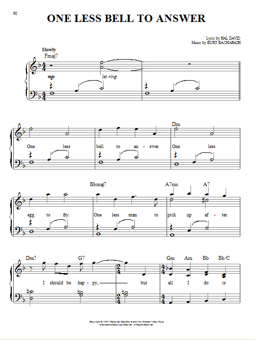 Bacharach & David One Less Bell To Answer sheet music notes and chords. Download Printable PDF.