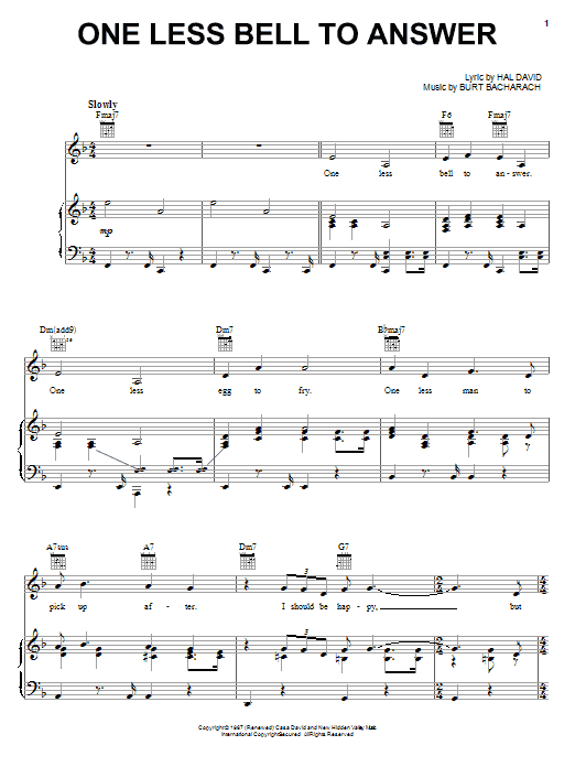 Learn to play Bacharach & David One Less Bell To Answer sheet music for Piano, Vocal & Guitar (Right-Hand Melody) in minutes. Bacharach & David One Less Bell To Answer sheet music notes and chords. Download Printable PDF.