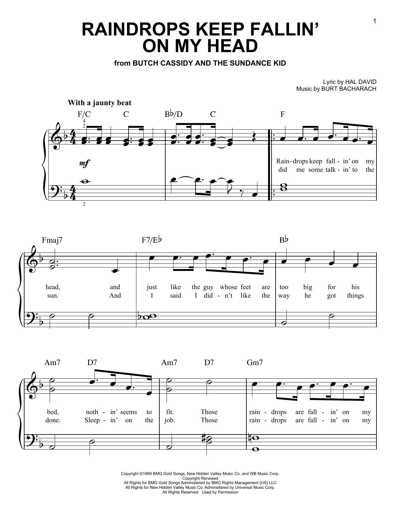 Bacharach David Raindrops Keep Fallin On My Head Sheet Music Pdf Notes Chords Jazz Score Ukulele Download Printable Sku