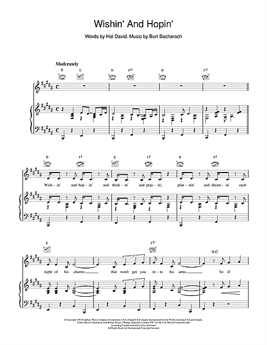 Learn to play Bacharach & David Wishin' And Hopin' sheet music for Piano, Vocal & Guitar (Right-Hand Melody) in minutes. Bacharach & David Wishin' And Hopin' sheet music notes and chords. Download Printable PDF.