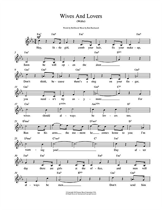 Learn to play Bacharach & David Wives And Lovers (Hey, Little Girl) sheet music for Lead Sheet / Fake Book in minutes. Bacharach & David Wives And Lovers (Hey, Little Girl) sheet music notes and chords. Download Printable PDF.