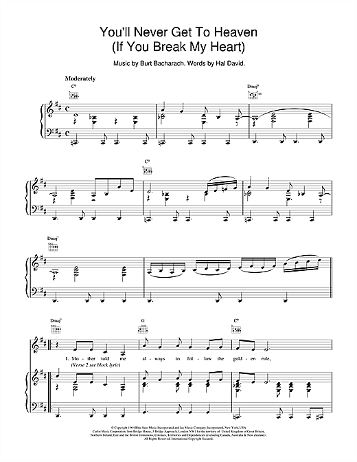 Learn to play Bacharach & David You'll Never Get To Heaven (If You Break My Heart) sheet music for Piano, Vocal & Guitar (Right-Hand Melody) in minutes. Bacharach & David You'll Never Get To Heaven (If You Break My Heart) sheet music notes and chords