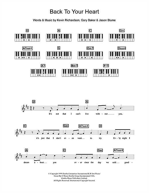 Learn to play Backstreet Boys Back To Your Heart sheet music for Keyboard (Abridged) in minutes. Backstreet Boys Back To Your Heart sheet music notes and chords. Download Printable PDF.