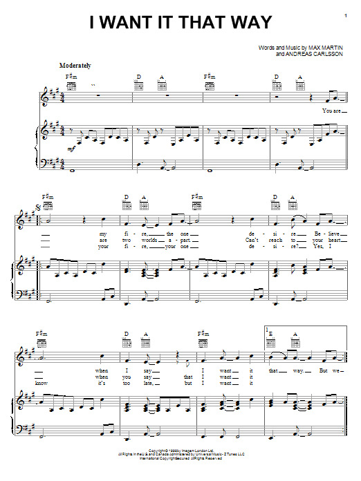 Backstreet Boys I Want It That Way sheet music notes and chords. Download Printable PDF.
