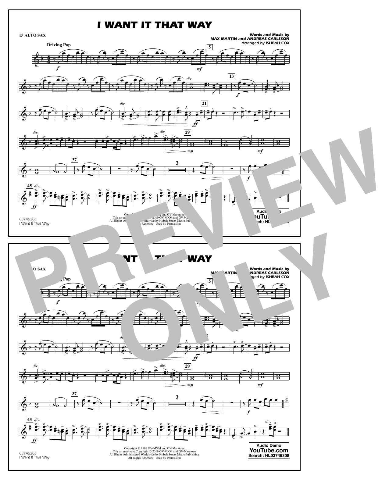 Backstreet Boys I Want It That Way Arr Ishbah Cox Eb Alto Sax Sheet Music Pdf Notes Chords Pop Score Marching Band Download Printable Sku 4104