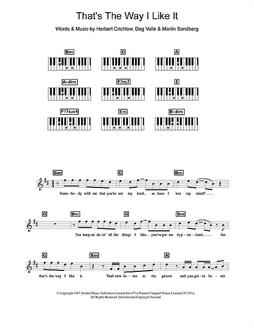 Learn to play Backstreet Boys That's The Way I Like It sheet music for Piano Chords/Lyrics in minutes. Price: 3.9900$ Backstreet Boys That's The Way I Like It sheet music notes and chords arranged for Piano Chords/Lyrics