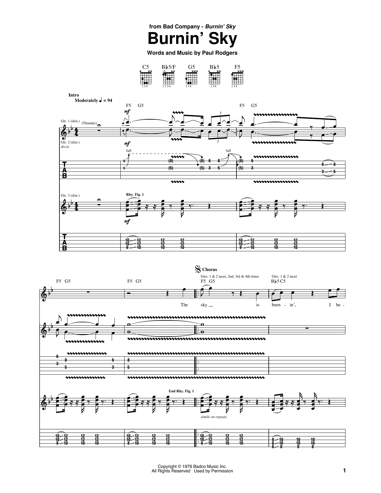 Bad Company Burnin' Sky sheet music notes and chords. Download Printable PDF.