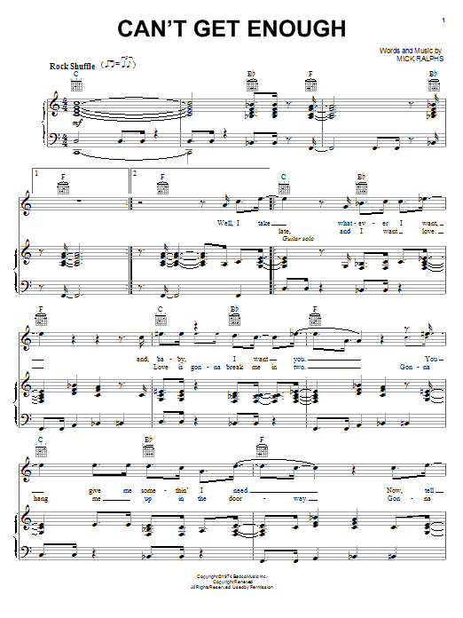 Bad Company Can't Get Enough sheet music notes and chords. Download Printable PDF.