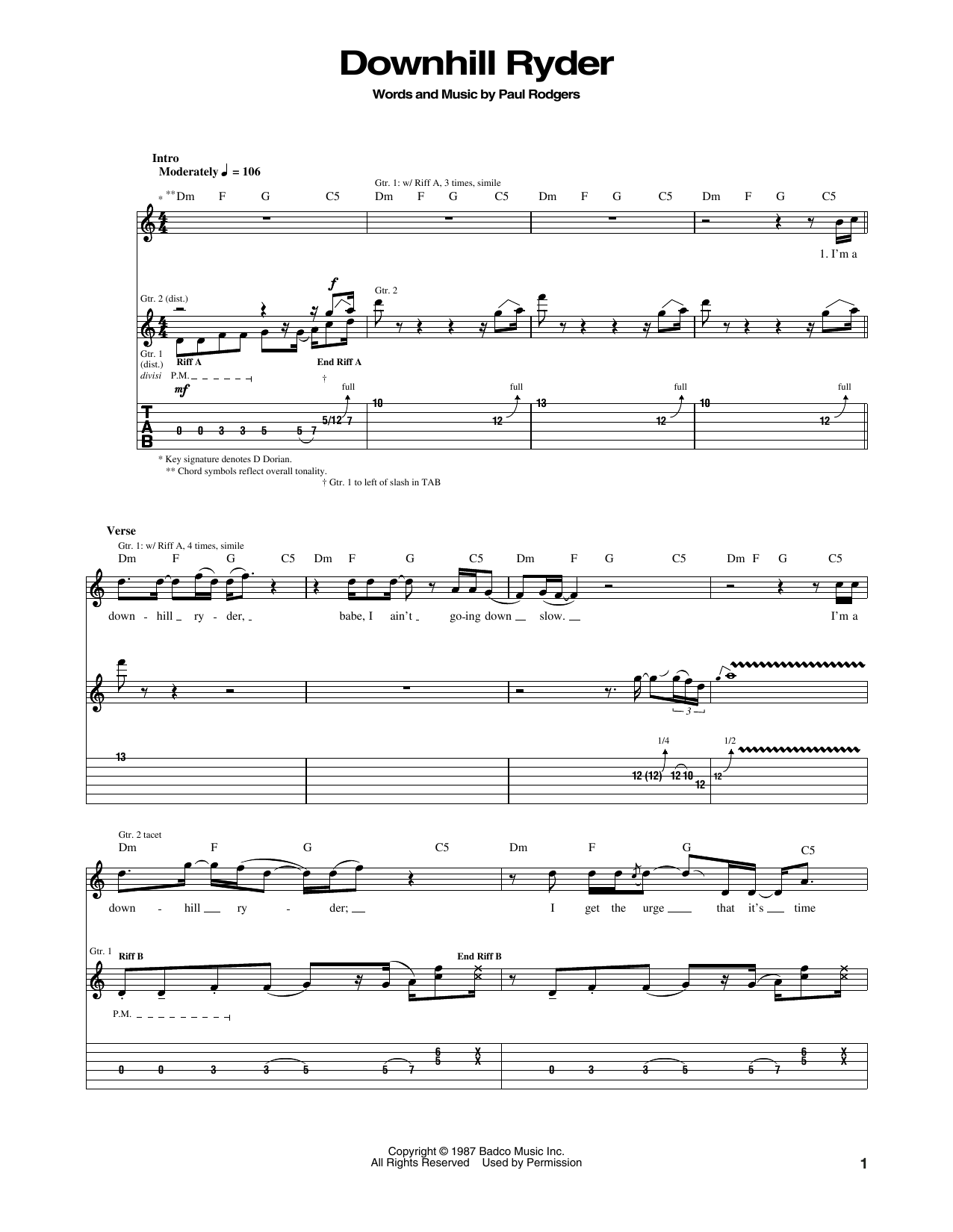 Bad Company Downhill Ryder sheet music notes and chords. Download Printable PDF.