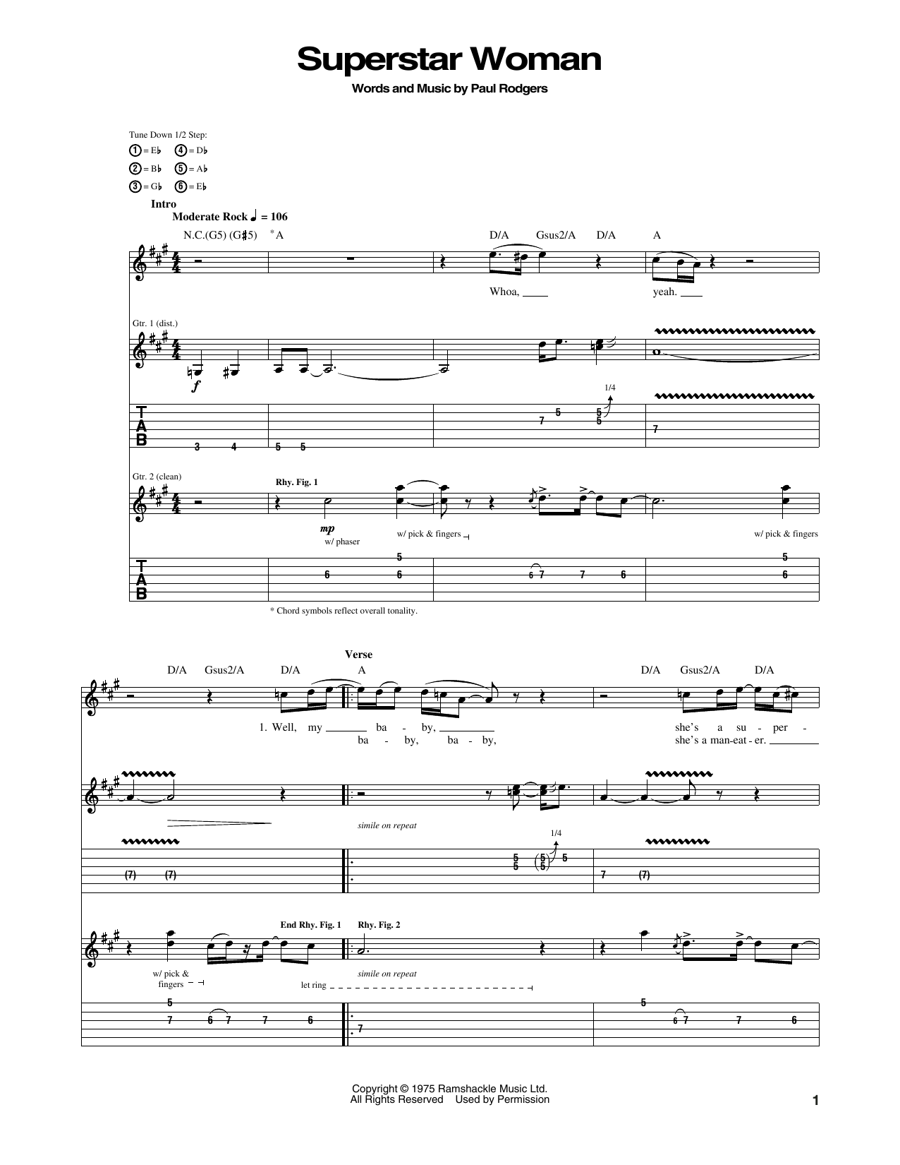 Bad Company Superstar Woman sheet music notes and chords. Download Printable PDF.