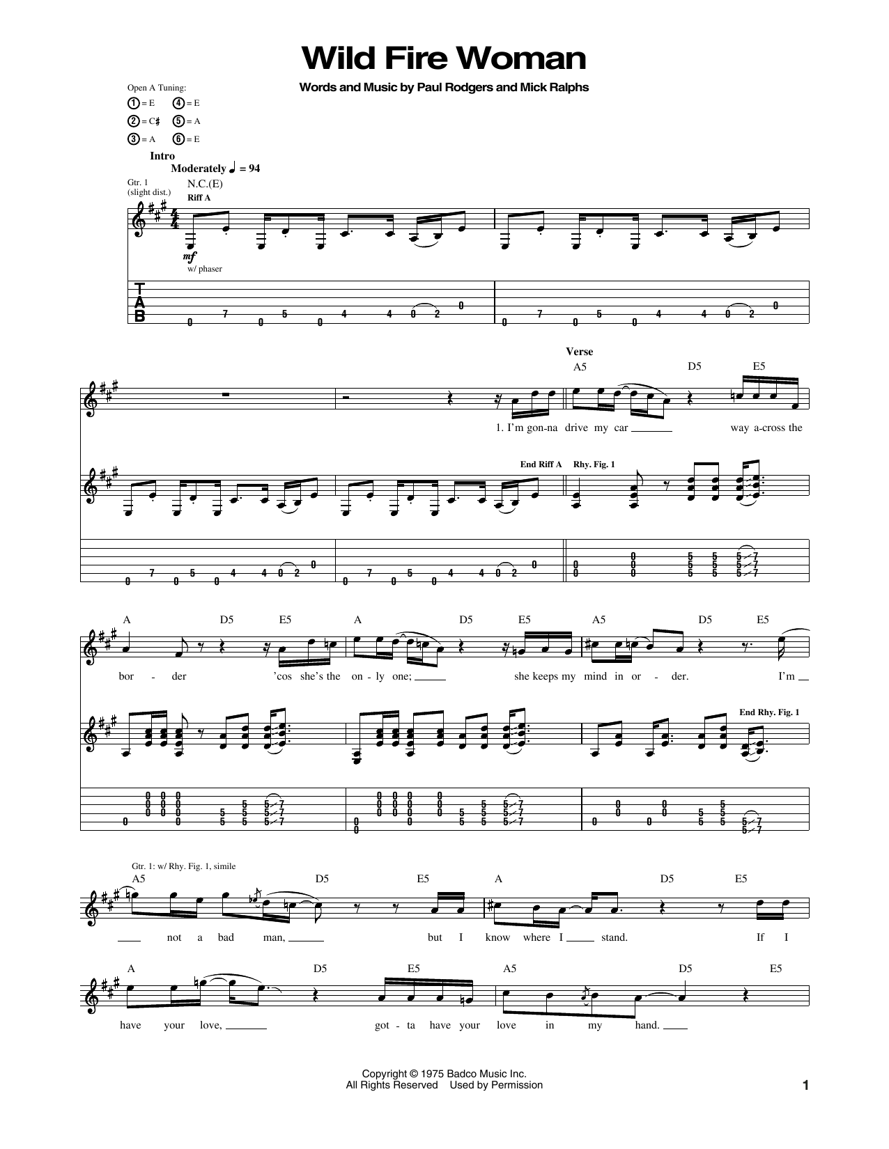 Bad Company Wild Fire Woman sheet music notes and chords. Download Printable PDF.