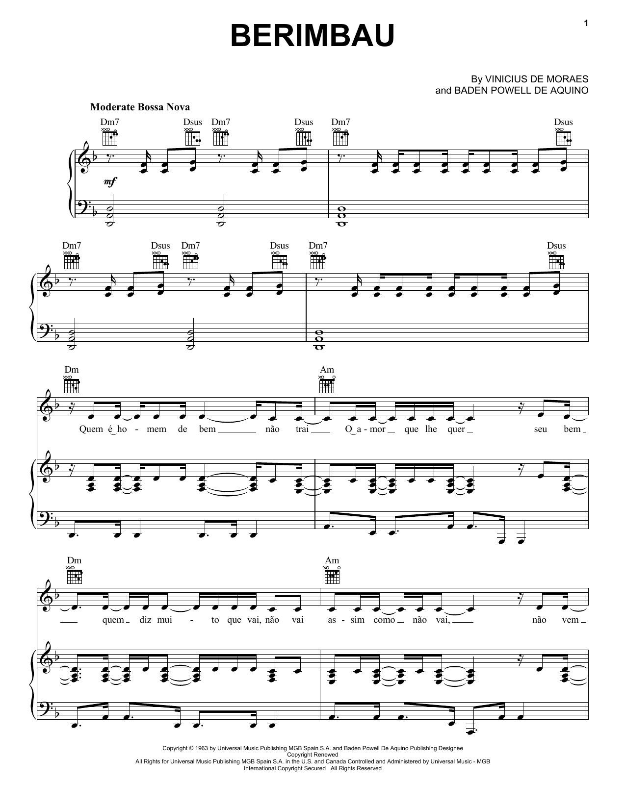 Learn to play Baden Powell De Aquino Berimbau sheet music for Piano, Vocal & Guitar (Right-Hand Melody) in minutes. Baden Powell De Aquino Berimbau sheet music notes and chords. Download Printable PDF.