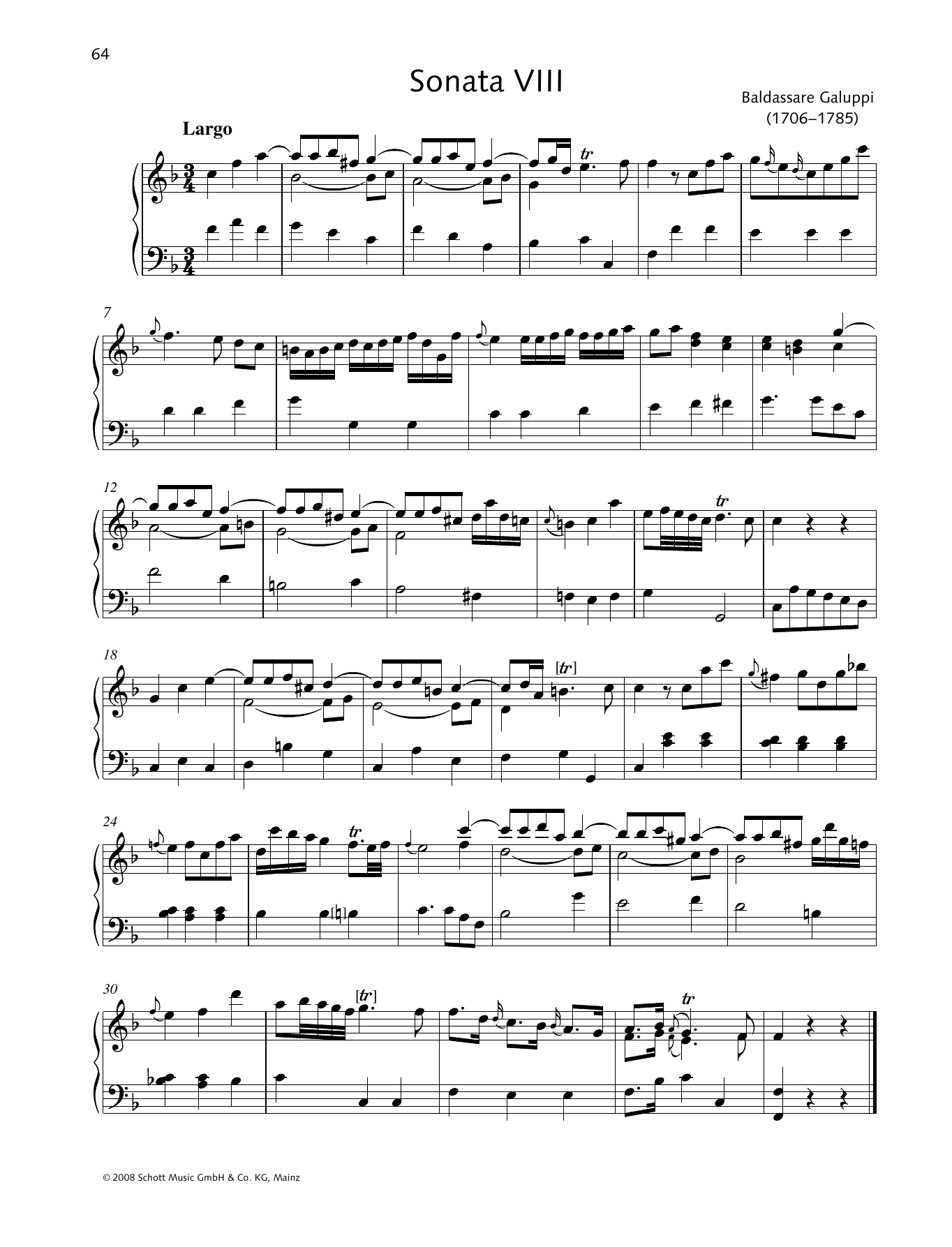 Learn to play Baldassare Galuppi Sonata VIII F major sheet music for Piano Solo in minutes. Price: 6.9900$ Baldassare Galuppi Sonata VIII F major sheet music notes and chords arranged for Piano Solo