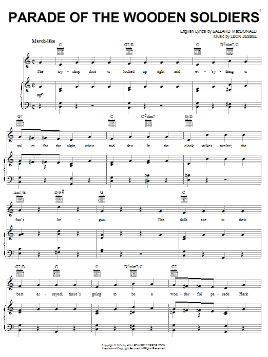 Learn to play Ballard MacDonald Parade Of The Wooden Soldiers sheet music for Piano, Vocal & Guitar (Right-Hand Melody) in minutes. Ballard MacDonald Parade Of The Wooden Soldiers sheet music notes and chords. Download Printable PDF.