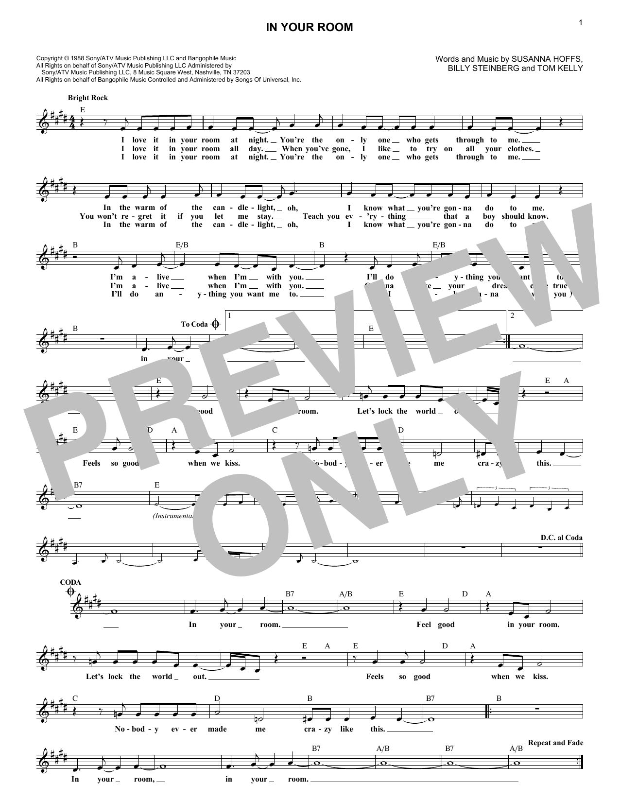 The Bangles In Your Room sheet music notes and chords. Download Printable PDF.