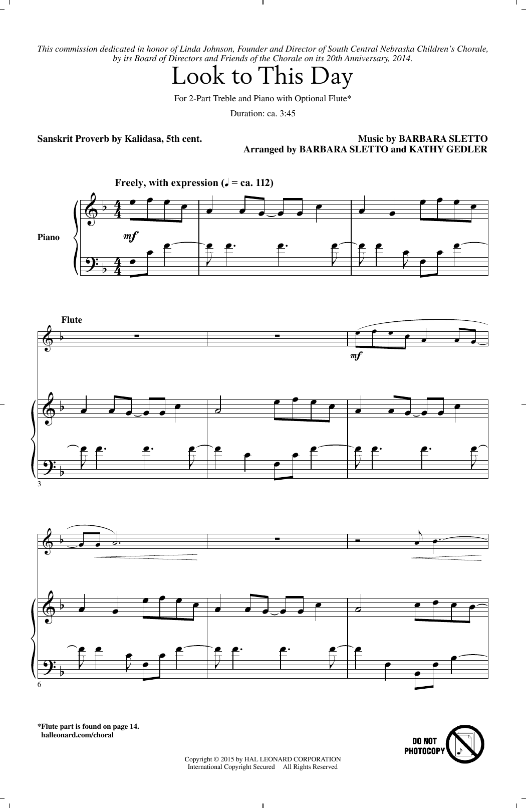 Learn to play Barbara Sletto Look To This Day sheet music for 2-Part Choir in minutes. Price: 3.9900$ Barbara Sletto Look To This Day sheet music notes and chords arranged for 2-Part Choir