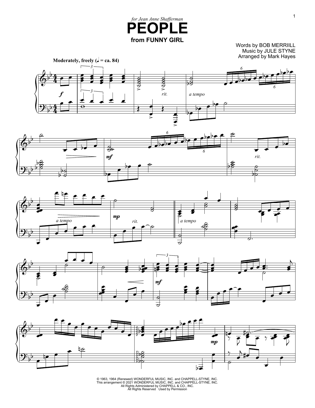 Barbra Streisand People (from Funny Girl) (arr. Mark Hayes) sheet music notes and chords. Download Printable PDF.