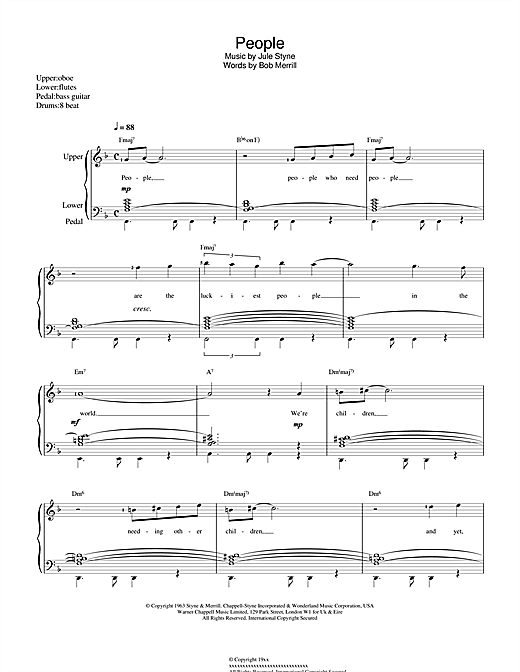Preview Barbra Streisand People (from Funny Girl) Musicals sheet music, notes and chords for Piano Solo, SKU: 17885 sheet music, piano notes, chords, guitar tabs, score, transpose, transcribe, how to play, guide, download, learn, tutorial, progression, song, artist, awards, billboard, mtv, vh1, tour, single, album, release