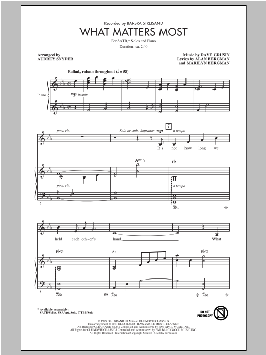 Barbra Streisand What Matters Most (arr. Audrey Snyder) sheet music notes and chords. Download Printable PDF.